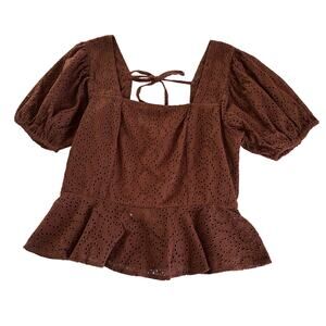 Band of the Free Brown Peplum Hem Smocked Eyelet Boho Blouse Women’s Size Small